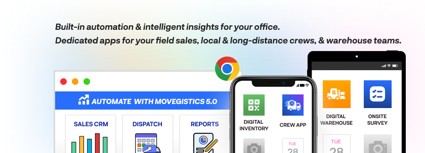 Movegistics 5.0 platform showcasing Sales CRM, Dispatch, and Reports on desktop, alongside mobile apps for Digital Inventory, Crew App, Digital Warehouse, and Onsite Survey.